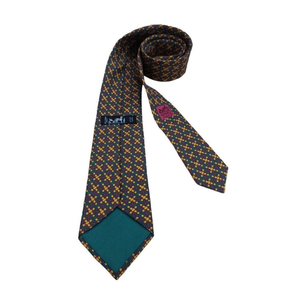 HERMÈS 7319 EA Green Geometric Silk Tie FRANCE 58”/ 3.4" EC - Picture 5 of 10